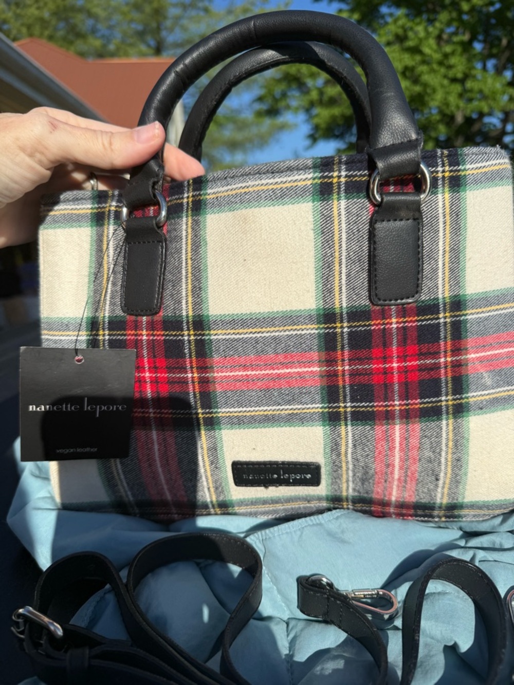 Nanette Lepore Plaid Canvas Tote and mini crossbody pouch. NWT